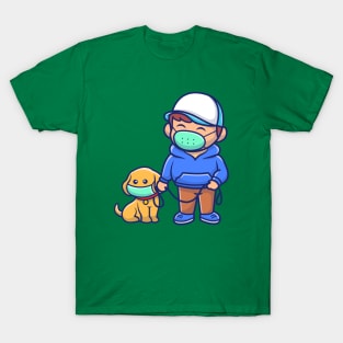 Cute Boy With Dog Wearing Mask Cartoon T-Shirt